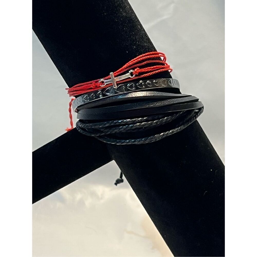 Three Stackable Bracelets One Black Leather Adjustable, One Red String Adjustabl